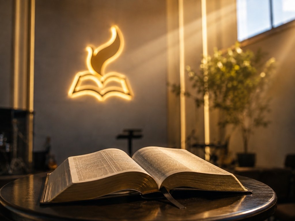 Bíblia Sagrada aberta sob iluminação dourada